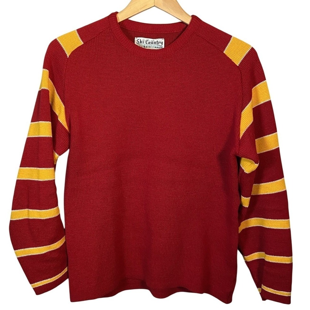 Vintage Ski Country Wool Sweater USA Red Yellow Striped Alpine Knit Small